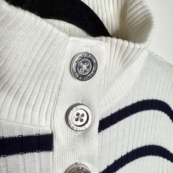 Lauren Ralph Lauren Big Button High Neck Striped Pullover Sweater Small White - Picture 2 of 8